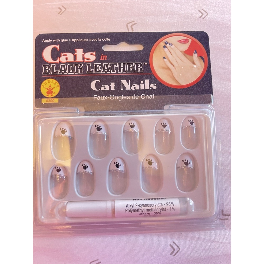 Cat Paw Print Fake False Finger Nails Silver Glitter White French Tip Nail Art